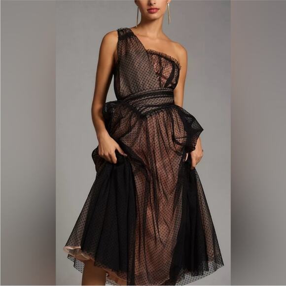Anthropologie Dresses & Skirts - Anthropologie Black Tulle Dot One Shoulder Maxi Dress Size 4 New